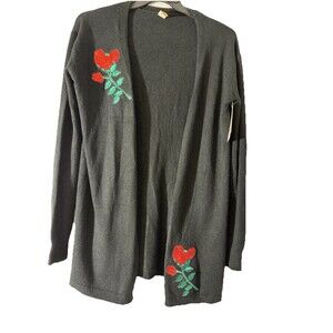 Embroidered Rose Cardigan – Size XL Black With Flowers Perfect For Casual